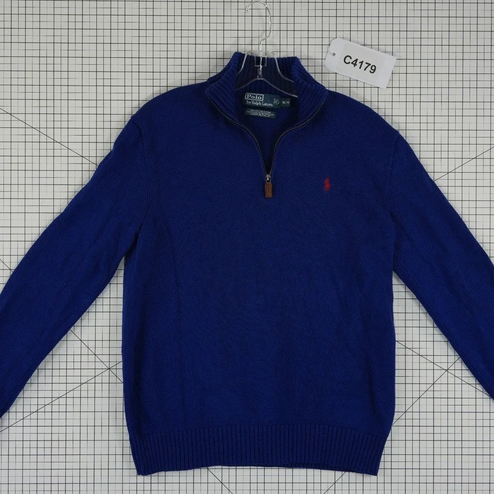 Polo Ralph Lauren Quarter Zip Sweater Top Mens Size Medium Blue 100% Cotton Logo
